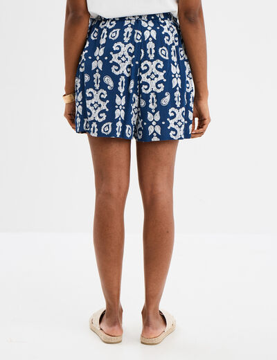 Short large crêpe avec pampilles bleu marine femme