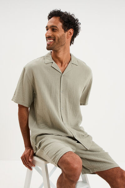 Chemise gaze de coton manches courtes vert clair homme