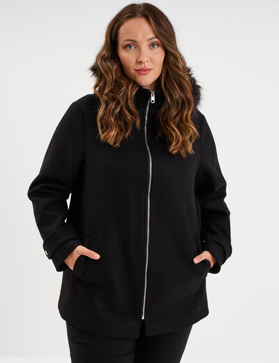 Manteau zipp&eacute; &agrave; capuche fausse fourrure noir femme grande taille