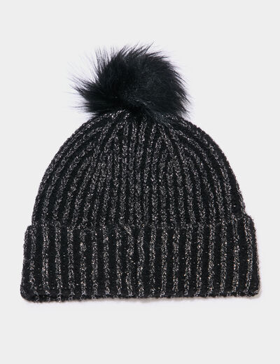 Bonnet &agrave; pompon noir femme