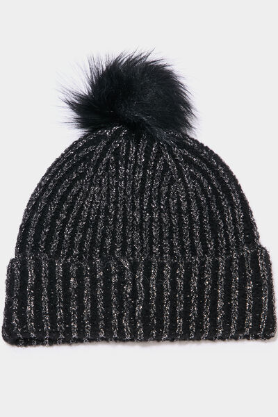 Bonnet &agrave; pompon noir femme