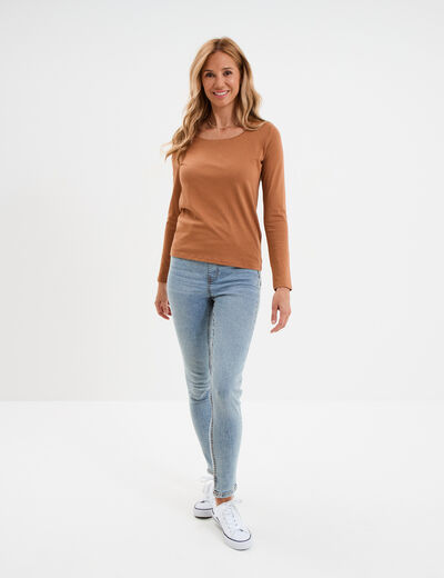 T-shirt coton col rond manches longues marron clair femme
