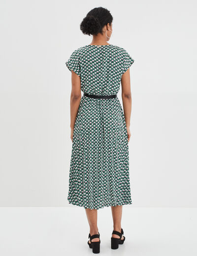 Robe longue évasée plissée et ceinturée vert femme