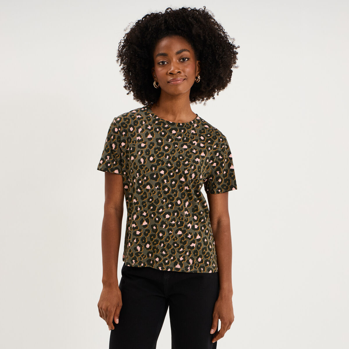 T-shirt coton col rond manches courtes vert kaki femme