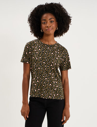 T-shirt coton col rond manches courtes vert kaki femme