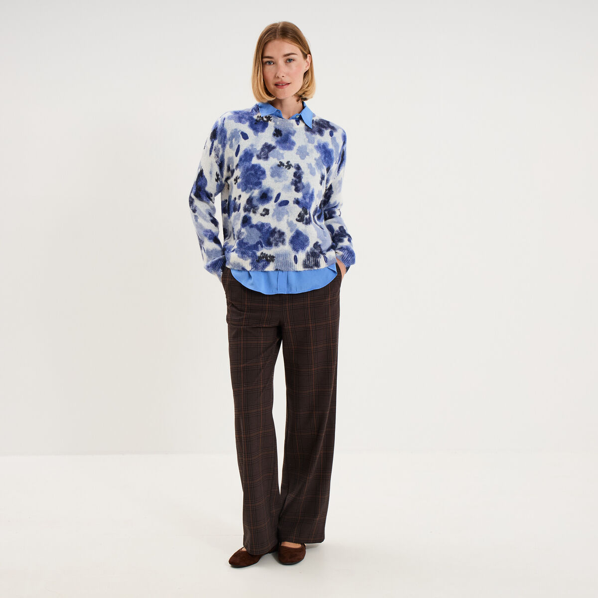 Pull col rond manches longues relax bleu clair femme