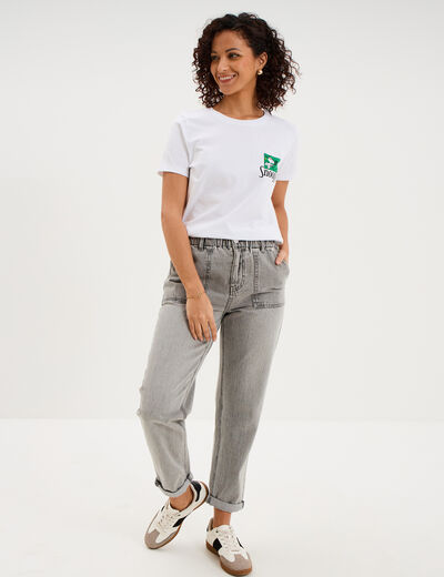 Jean paperbag cropped taille &eacute;lastiqu&eacute;e denim gris femme