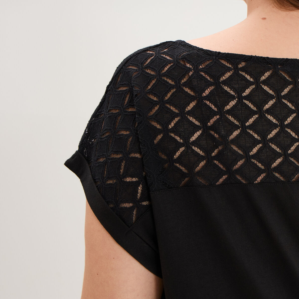 T-shirt droit avec dos dentelle oversize noir femme grande taille