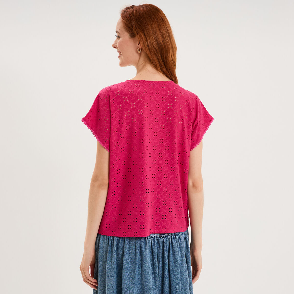 T-shirt dentelle avec boutons rose fushia femme