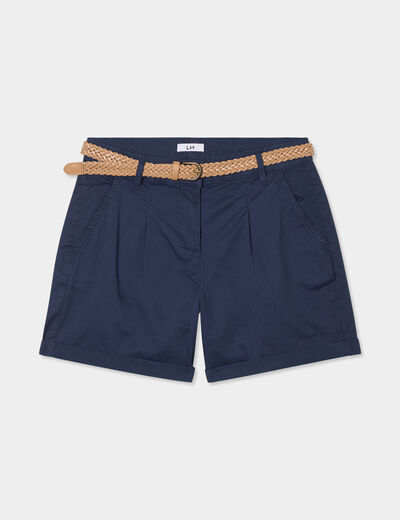 Short chino ceinture tress&eacute;e bleu marine femme