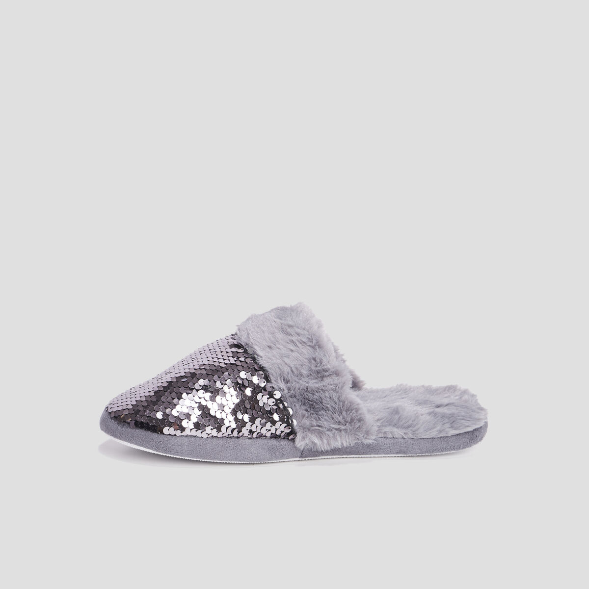 Chaussons mules sequins et fourrure gris femme