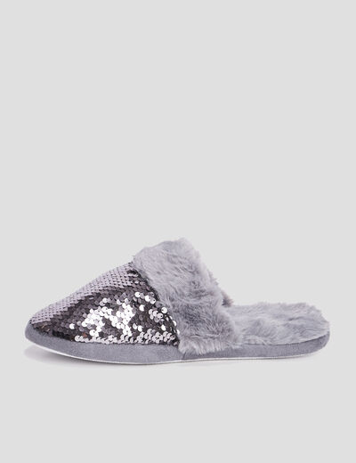 Chaussons mules sequins et fourrure gris femme