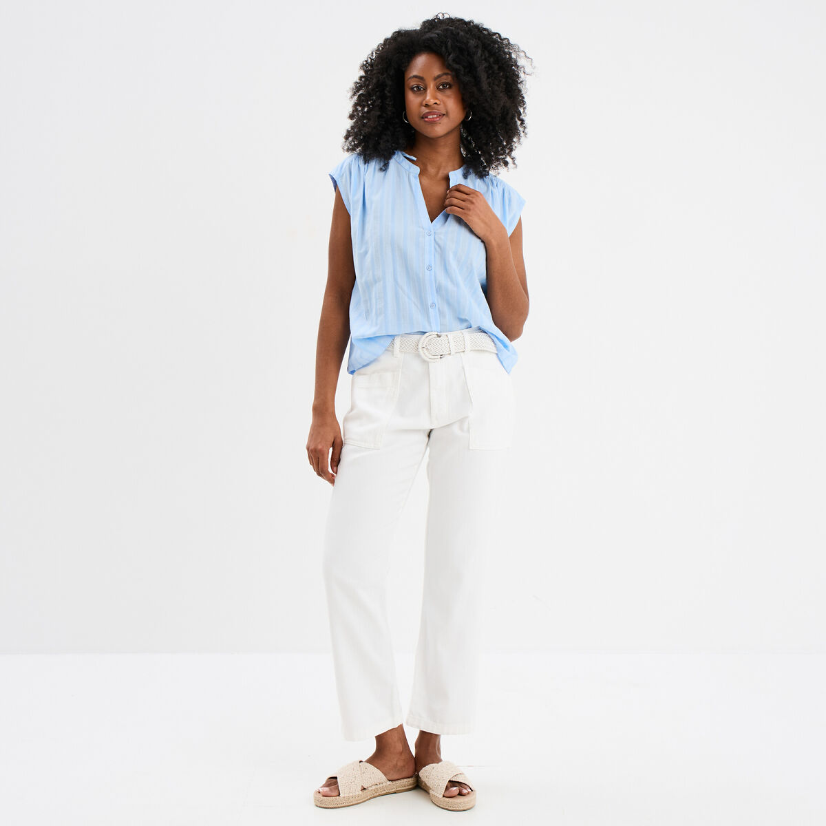 Blouse sans manches col tunisien coton bleu ciel femme