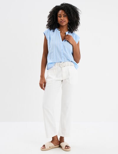 Blouse sans manches col tunisien coton bleu ciel femme