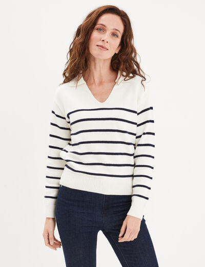 Pull marinière col polo Creeks blanc femme
