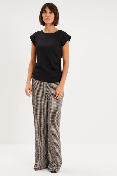 Pantalon large effet gaufr&eacute; marron chocolat femme