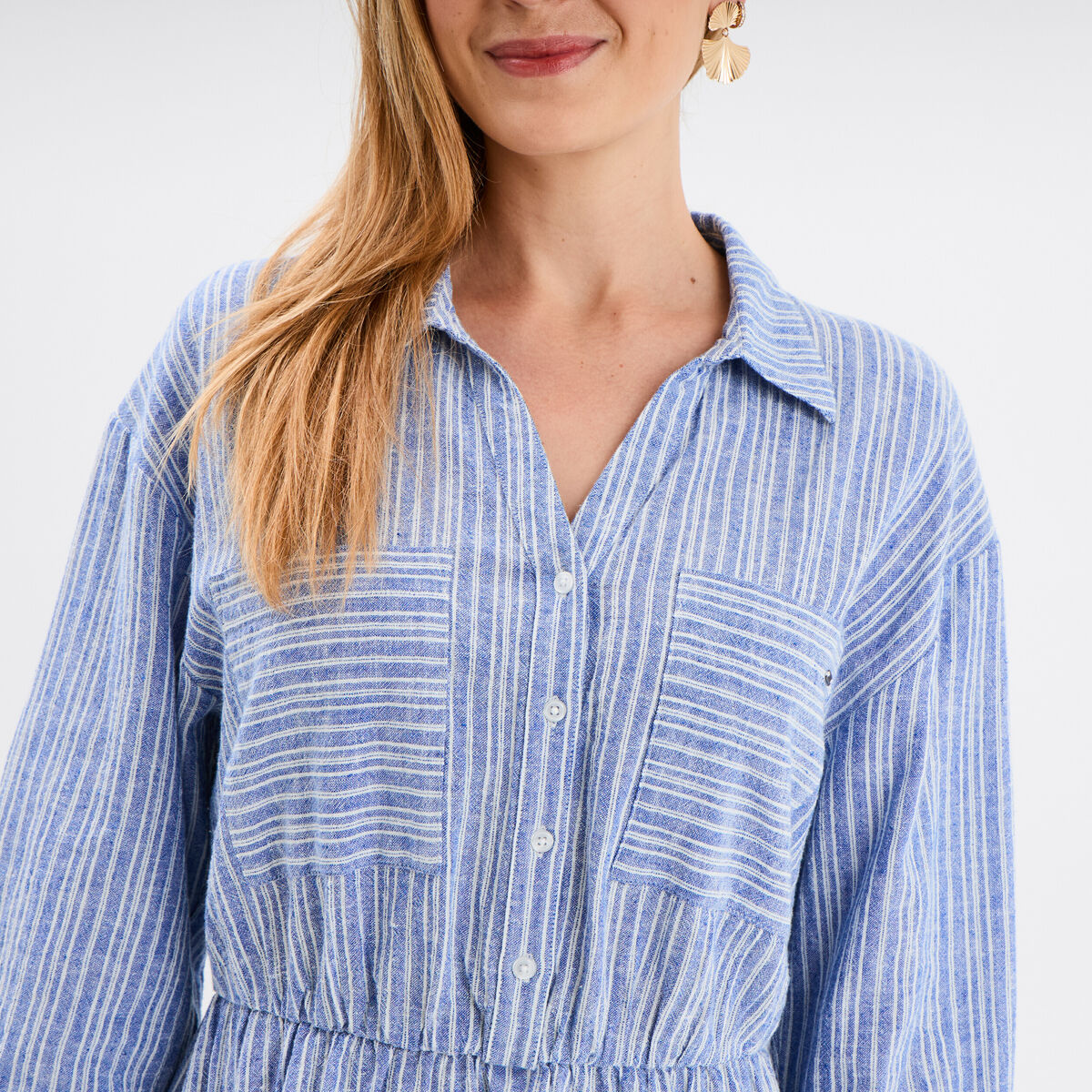 Robe col chemise 2 poches mélange lin bleu femme