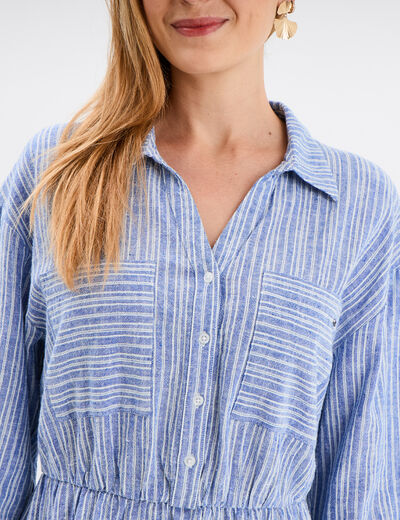 Robe col chemise 2 poches mélange lin bleu femme