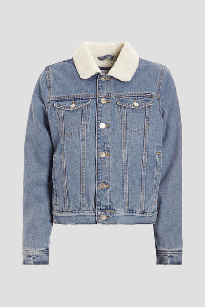 Veste droite en jean col molletonné denim double stone femme