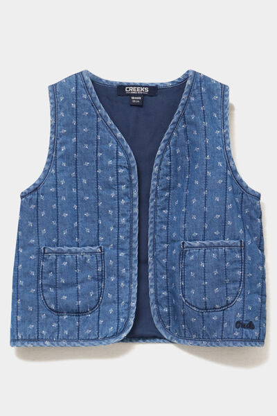 Gilet sans manches matelass&eacute; en jean denim stone b&eacute;b&eacute; fille