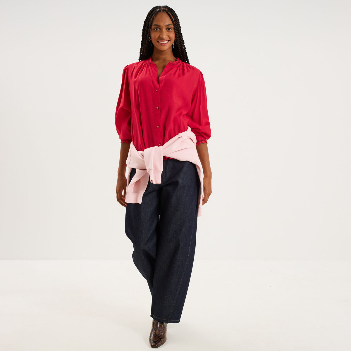 Blouse manches longues col dentelle rose cerise femme