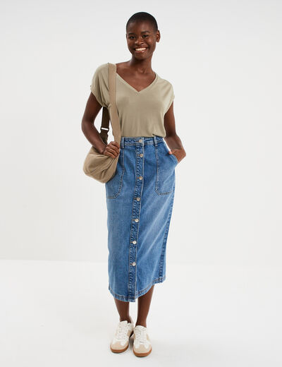 Jupe longue en jean droite boutonn&eacute;e denim stone femme