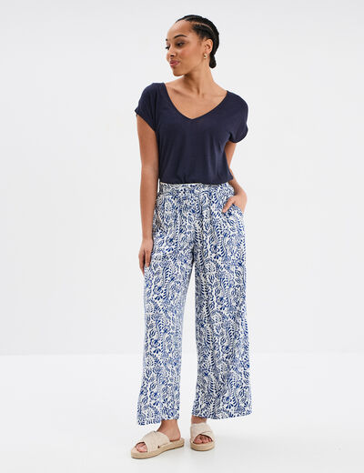 T-shirt manches courtes lin mélangé bleu foncé femme