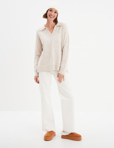 Pull col polo manches longues Creeks ecru femme