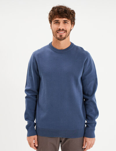Pull col rond manches longues bleu fonc&eacute; homme