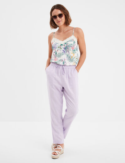 Pantalon en lin droit 7/8ème violet clair femme