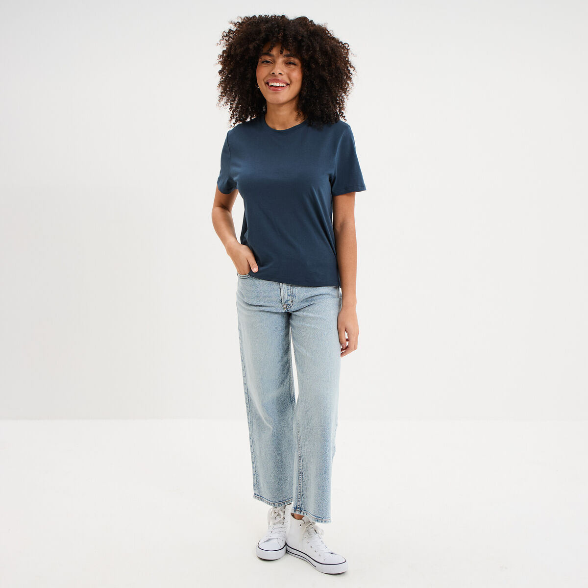 T-shirt col rond manches courtes coton bleu marine femme