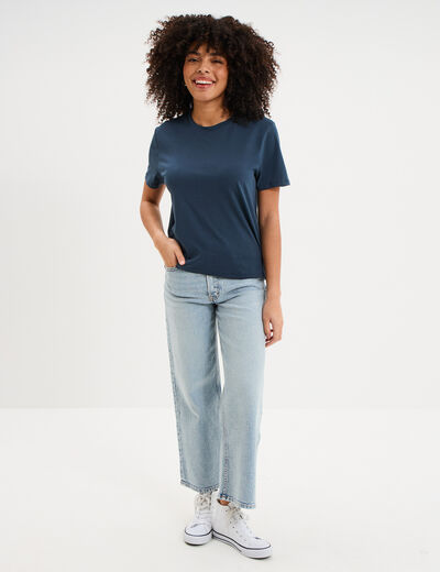 T-shirt col rond manches courtes coton bleu marine femme