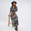 Robe midi col en V manches courtes noir femme