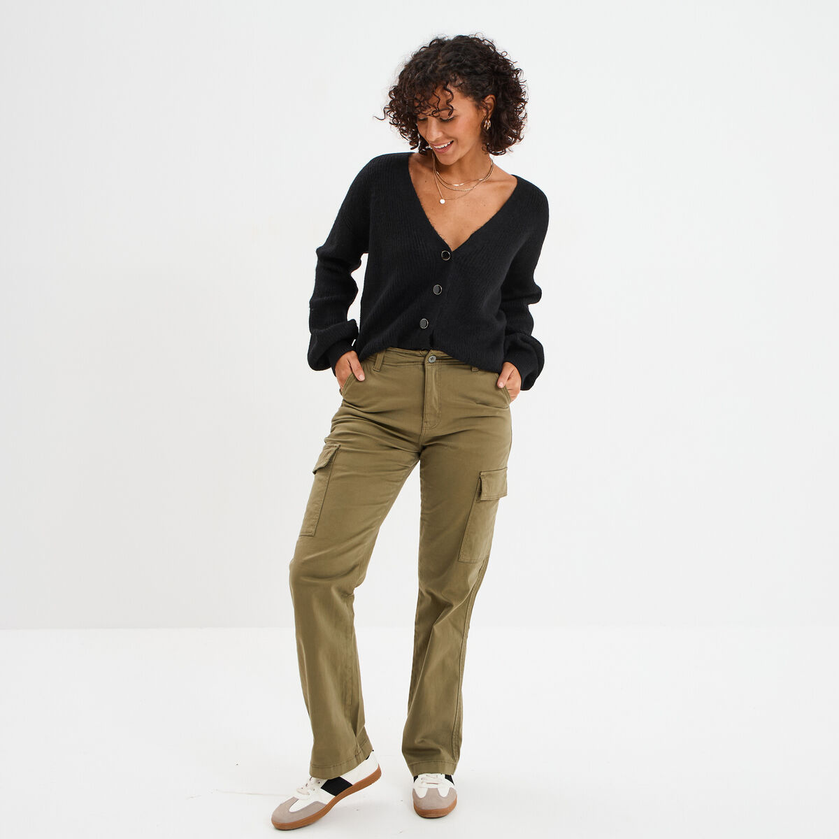 Pantalon cargo droit vert kaki femme