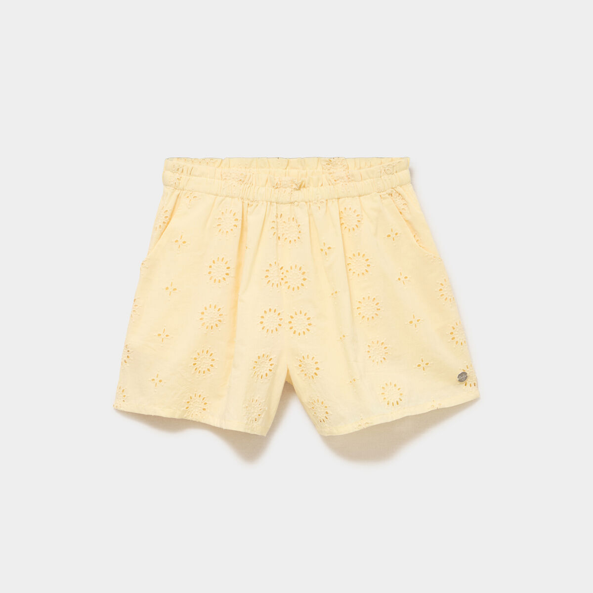 Short &eacute;lastiqu&eacute; broderie anglaise coton jaune clair fille