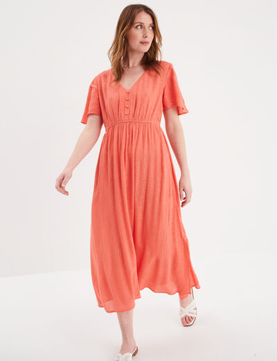 Robe longue empire fils métallisés coton rose corail femme