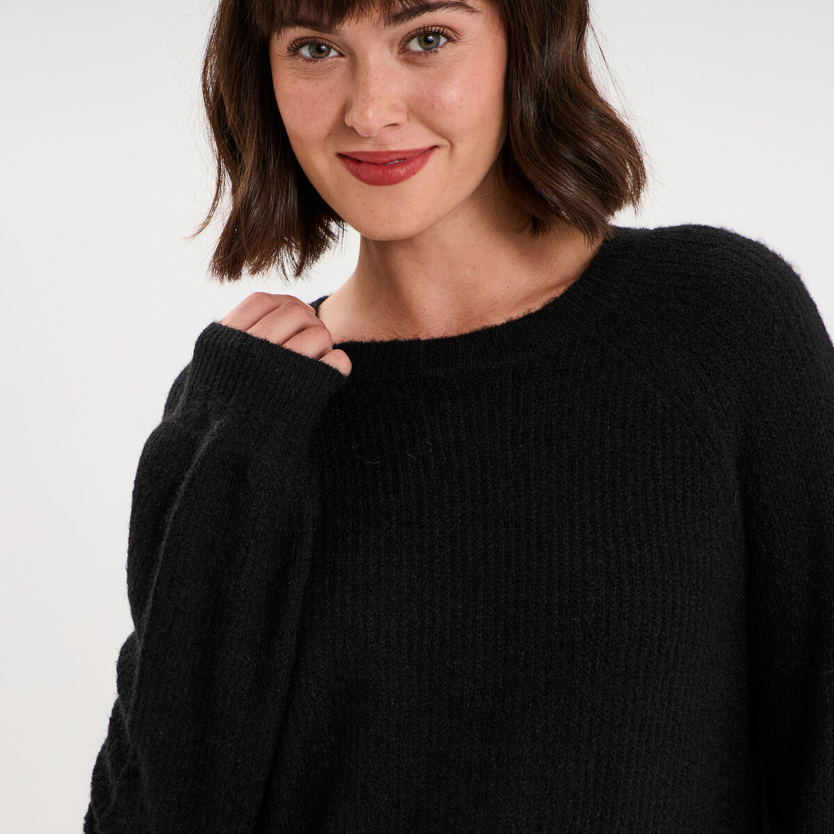 Pull col rond manches longues noir femme