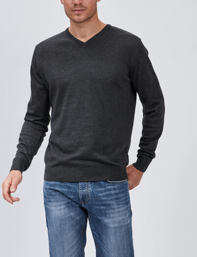 Pull jersey col V m&eacute;lange coton gris fonc&eacute; homme