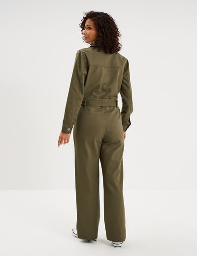 Combinaison pantalon ceintur&eacute;e coton vert kaki femme