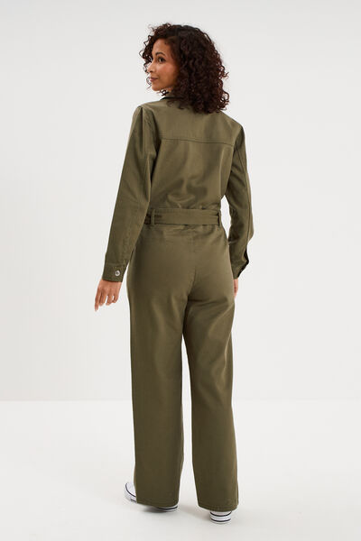 Combinaison pantalon ceintur&eacute;e coton vert kaki femme