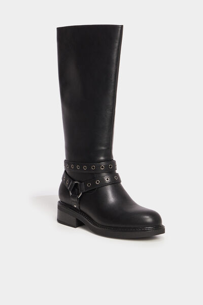 Bottes talons plats brides &agrave; oeillets noir femme