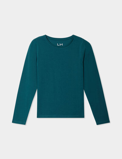 T-shirt coton manches longues à fronces vert canard fille