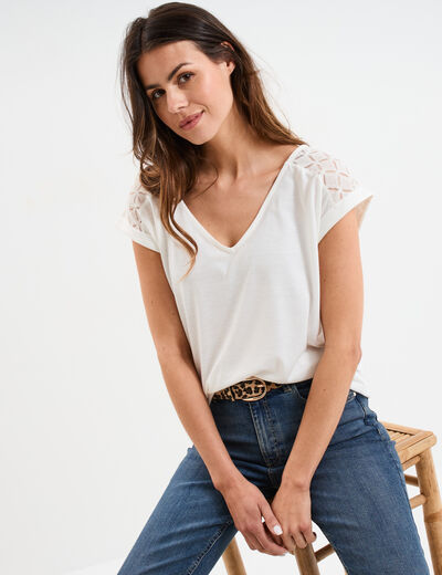 T-shirt col en V dentelle épaules et dos blanc femme
