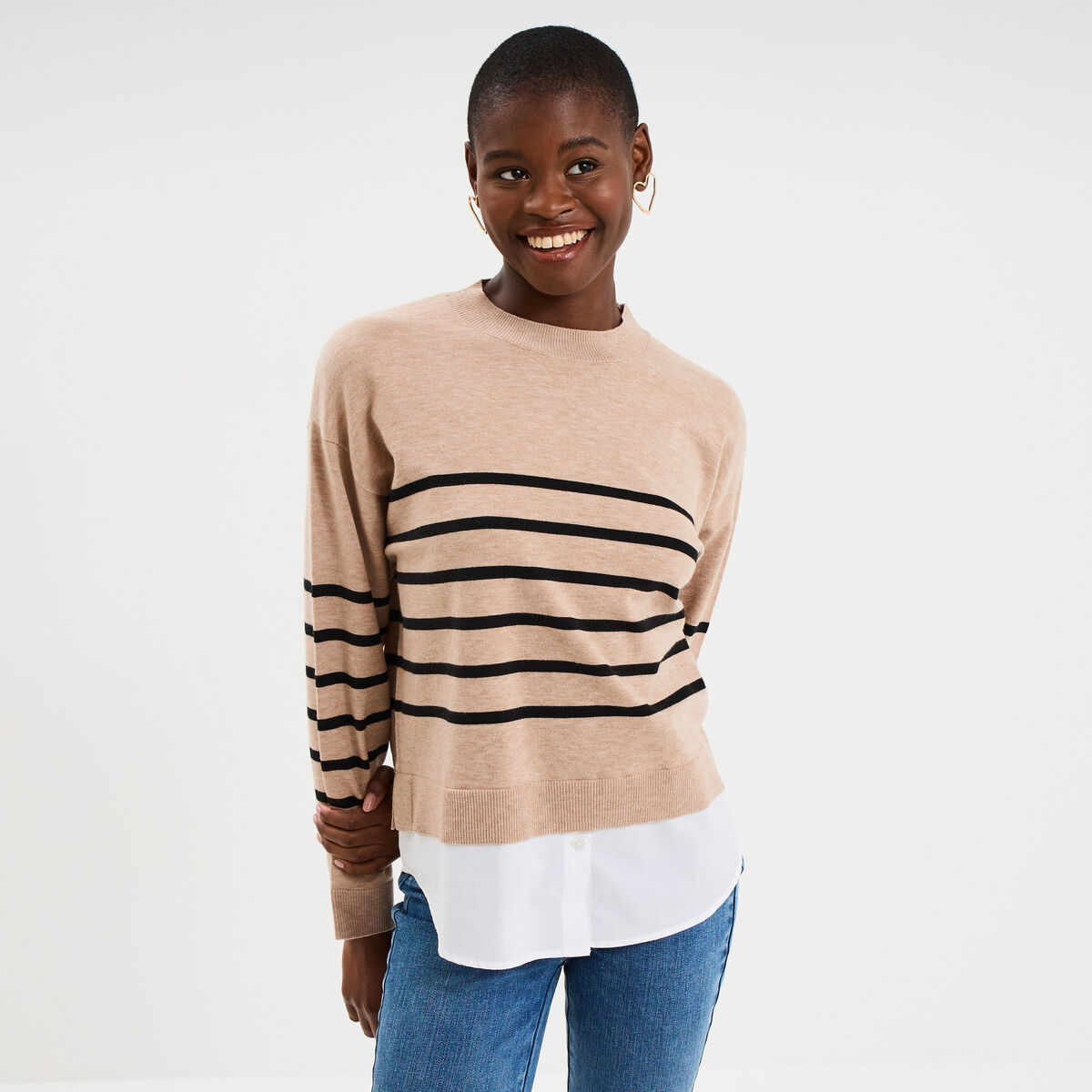 Pull effet 2-en-1 beige clair femme