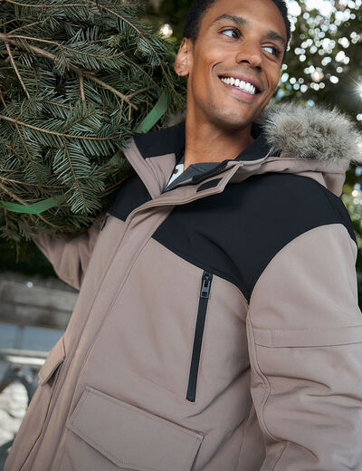 Parka capuche fausse fourrure amovible taupe homme