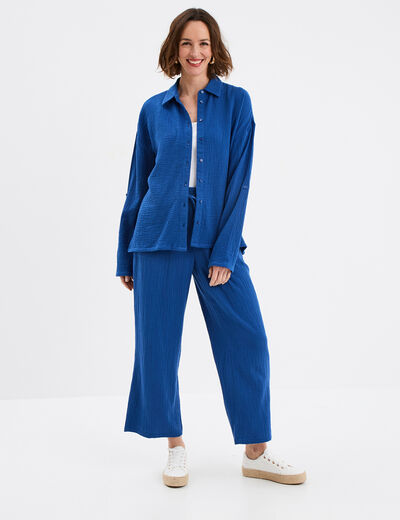 Pantalon fluide élastiqué gaze de coton bleu marine femme