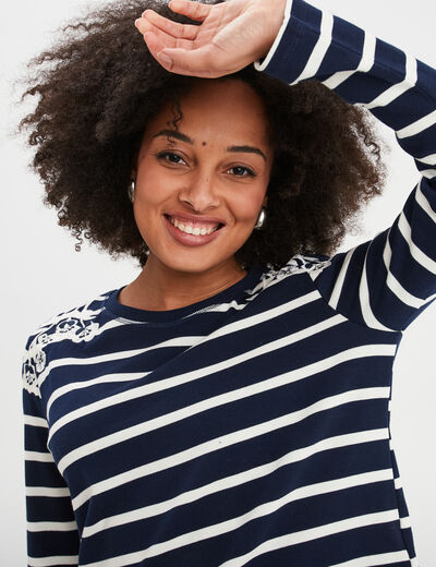 T-shirt manches longues avec broderie bleu marine femme