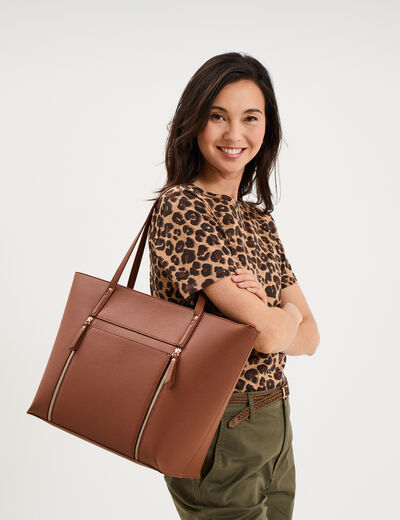 Sac shopper avec poche int&eacute;rieure camel femme