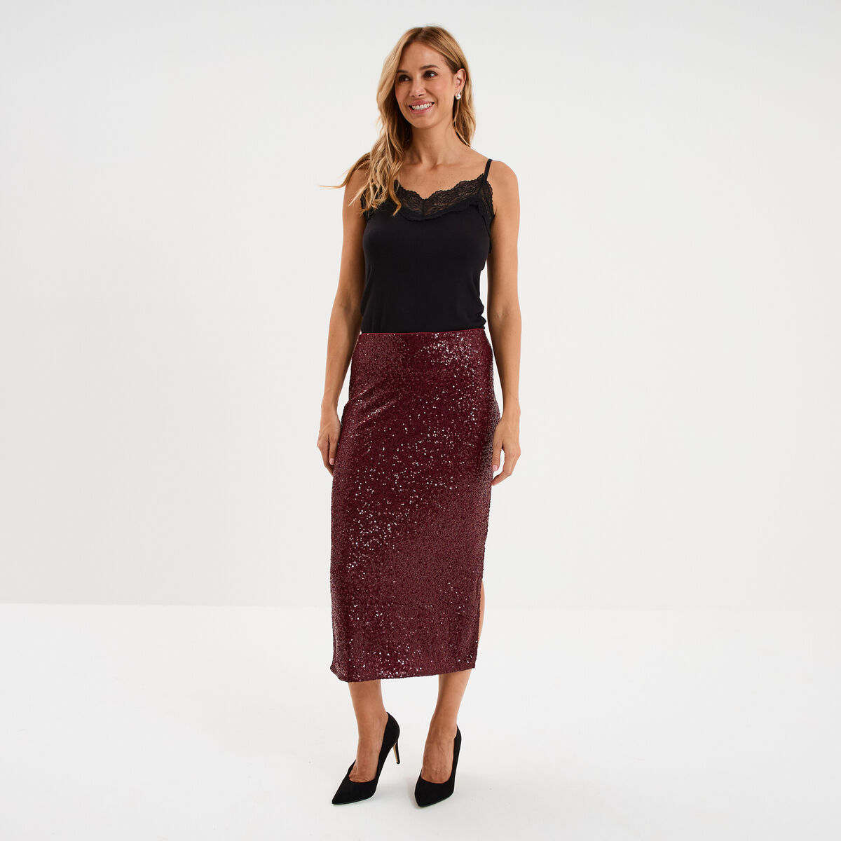 Jupe longue &agrave; sequins rouge fonc&eacute; femme