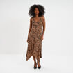 Robe longue évasée asymétrique camel femme
